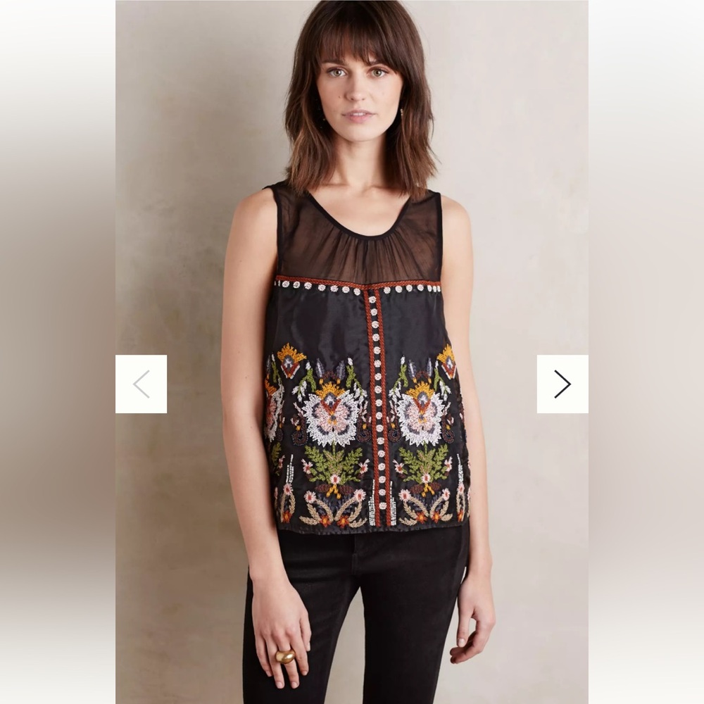 New Anthropologie Floreat Nalini Embroidered Beaded Black Sheer Floral Top 2